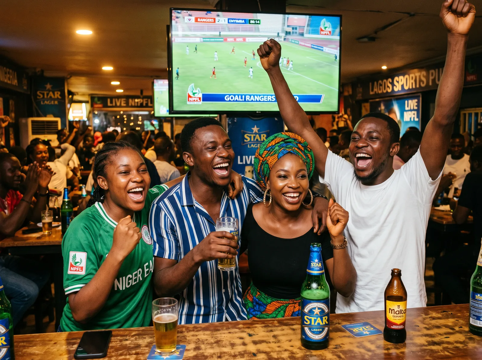 Nigerian fans celebrating an NPFL goal at a Lagos sports pub