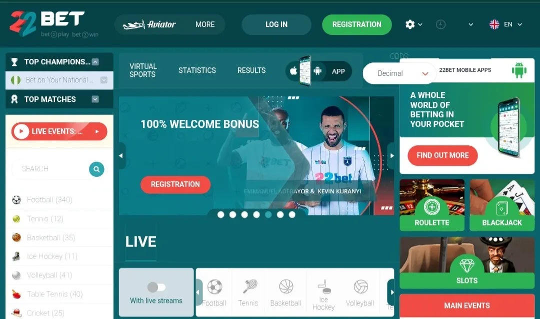 22Bet sportsbook interface for Nigerian players, captured by the Bets.ng editorial team