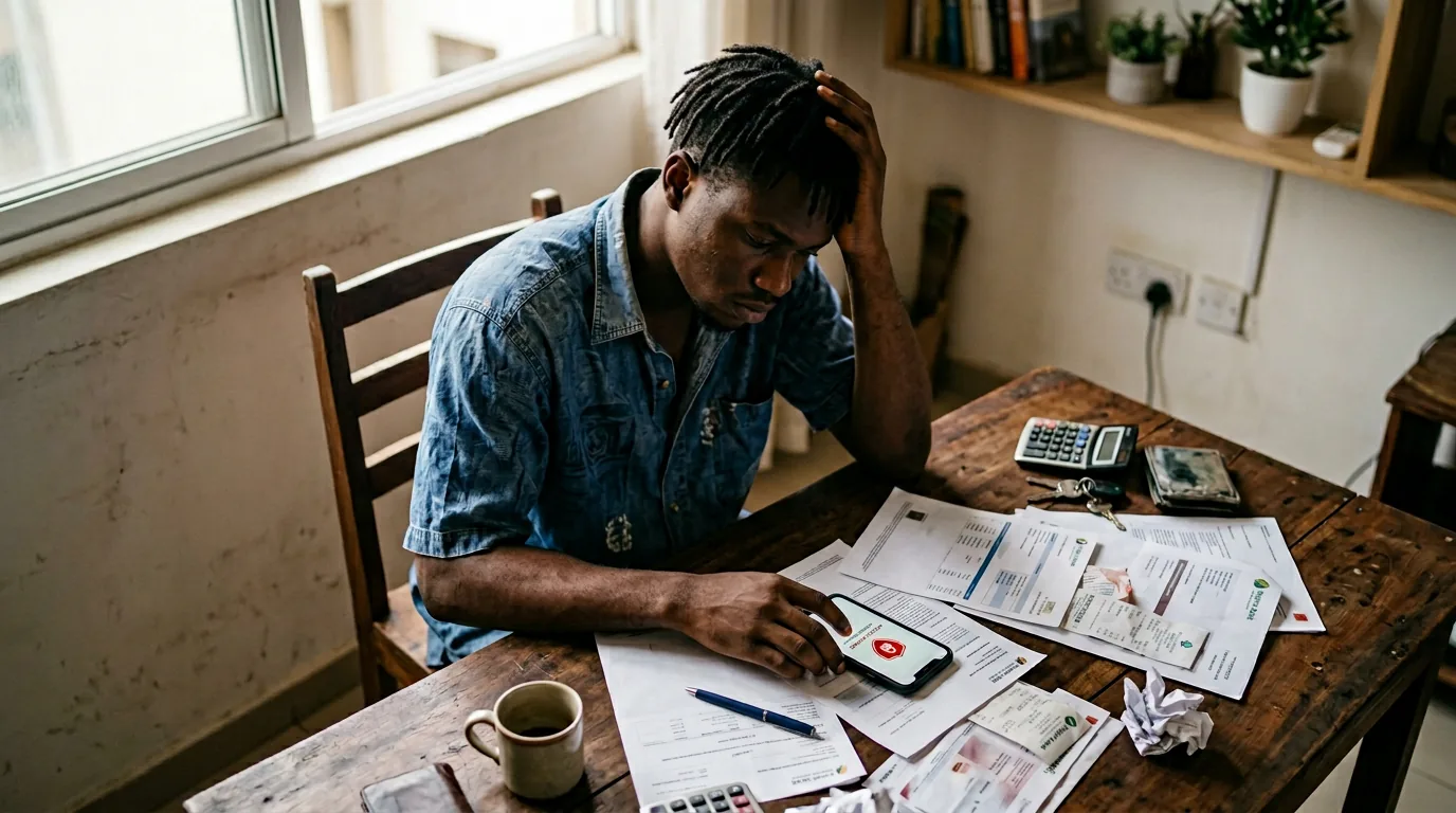 Nigerian bettor reviewing a locked betting account on smartphone
