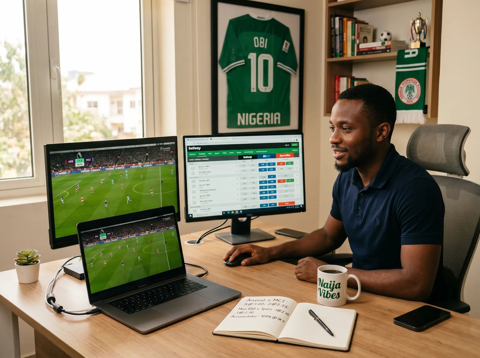 Nigerian editor comparing odds on dual monitors in Abuja
